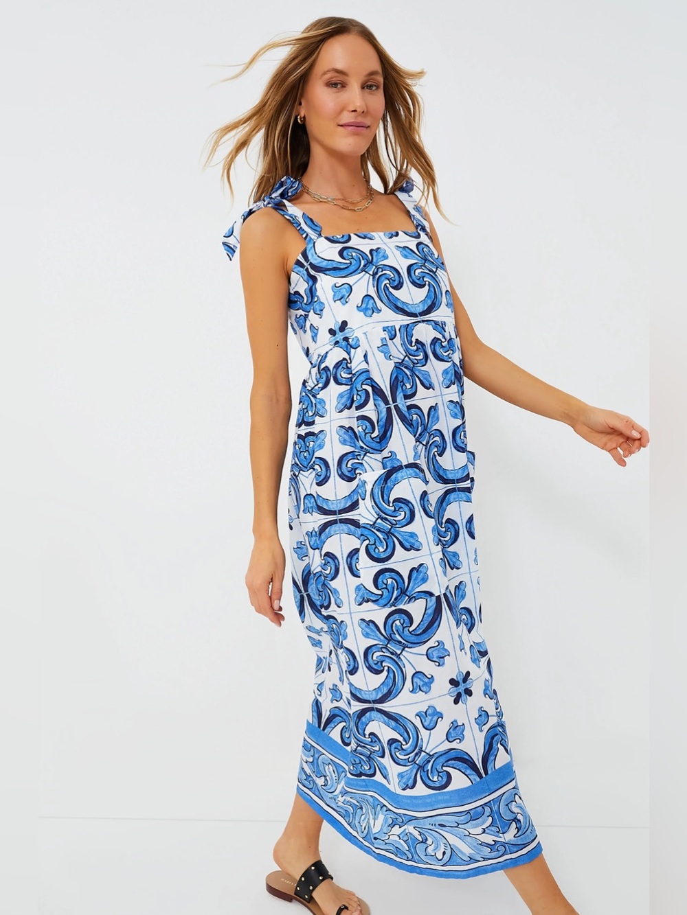 Tuckernuck Tilly Caftan Majolica Tile Blue Cotton Maxi Dress XS NWT - Picture 1 of 12